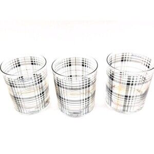 (3) KROSNO  Poland Lowball,Old Fashioned Glasses Gold & Black Plaid NWOB (Flaw)
